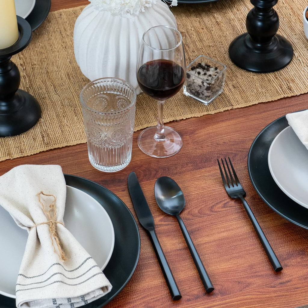 Hexagon Black 20-Piece Forged Silverware Set Stainless Steel Flatware Set,Service for 4,Matte Satin Polished Cutlery