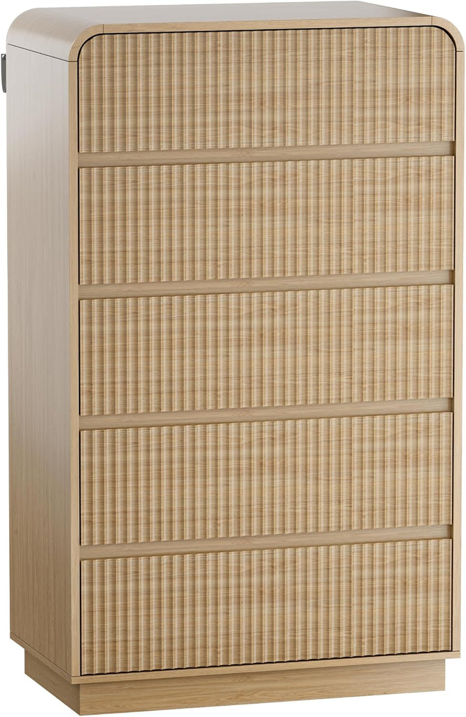 Natural Oak Dresser Fluted Tall 5 Drawer Dresser , Wood Chest of Drawers with Hidden Handles & Rounded Corners
