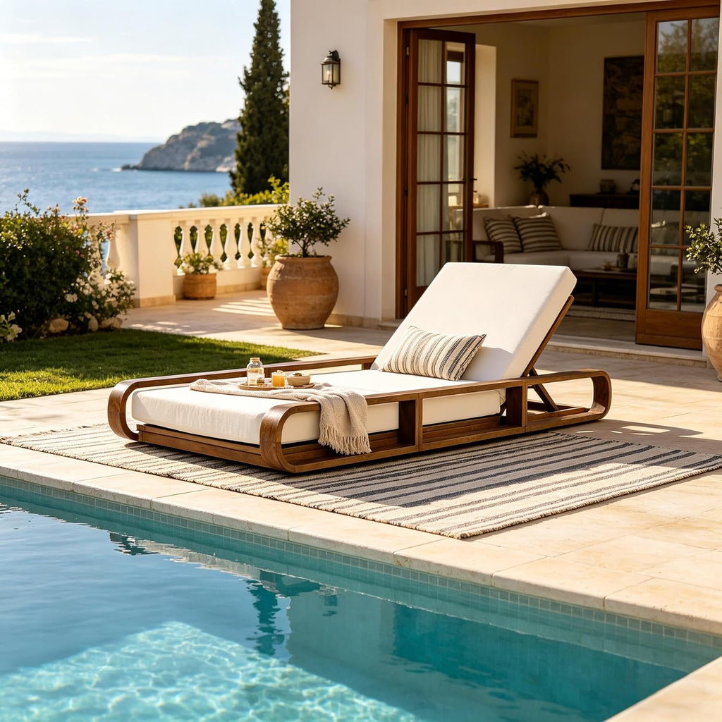 Teak Finish Acacia Wood Chaise Lounge - 1 Pcs Frame + 1 Pcs 4" 3-Fold Cream Water-Resistant Cushion, 400lbs Capacity