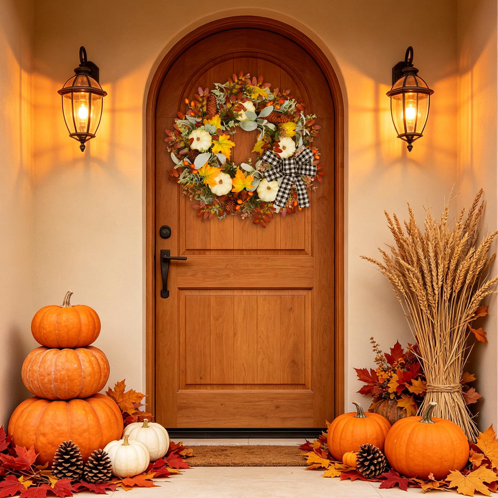 22 Inch Fall Wreath for Front Door with Artificial Pumpkin Bow