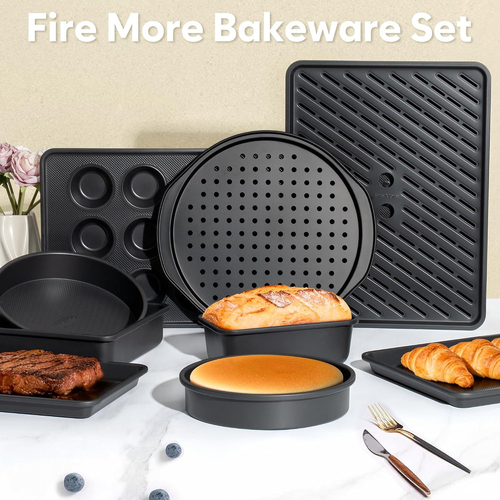 10-Piece Nonstick Bakeware Set, 0.8MM Thick Carbon Steel Pan Set for Oven with Cookie Sheet, Muffin Pan, Pizza Pan