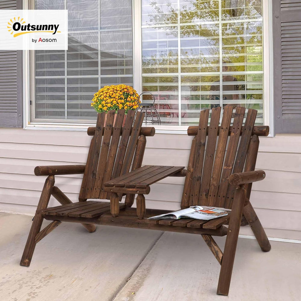 2-Seat Wooden Adirondack Chair Patio Bench with Table Carbonized | Outdoor Loveseat Fire Pit Chair, Porch, Backyard
