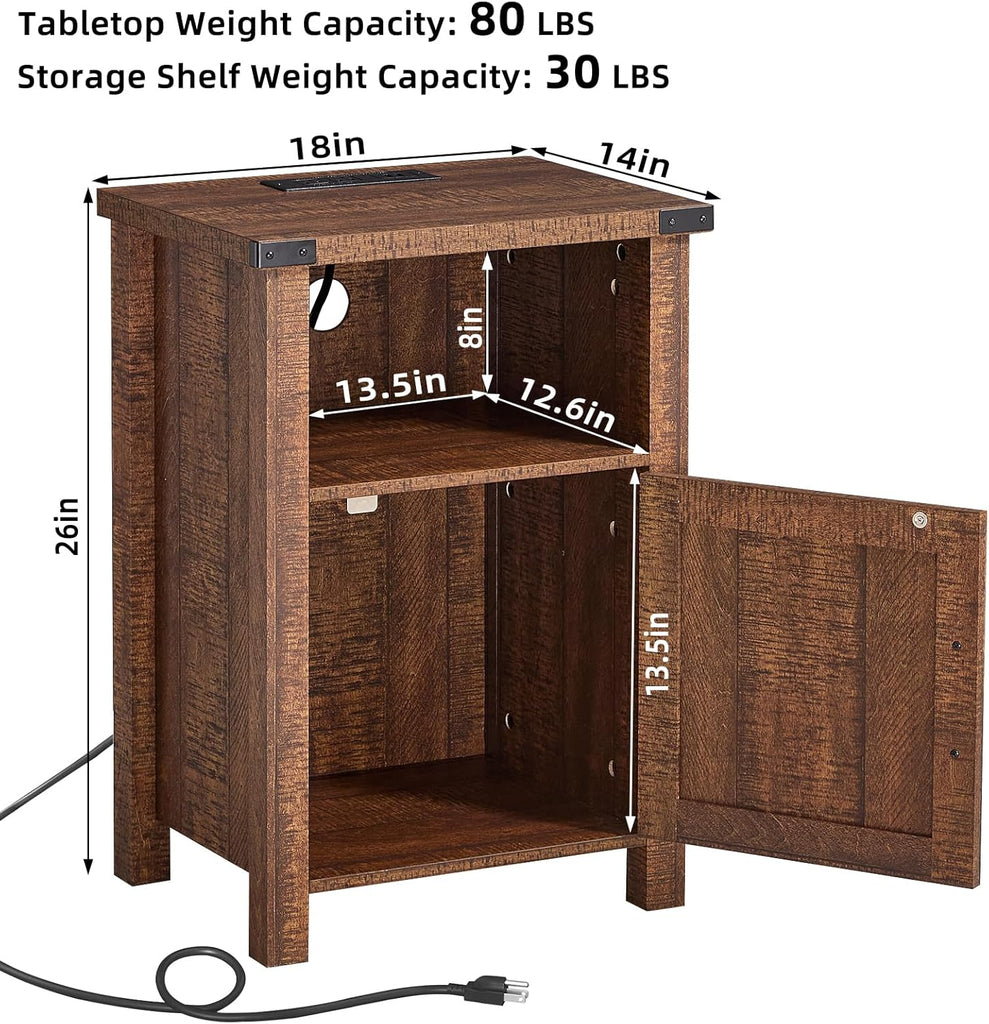 Night Stand with Charging Station and USB Port, 18 Inch Farmhouse Nightstand with Storage Shelf, Rustic Wood Bedside