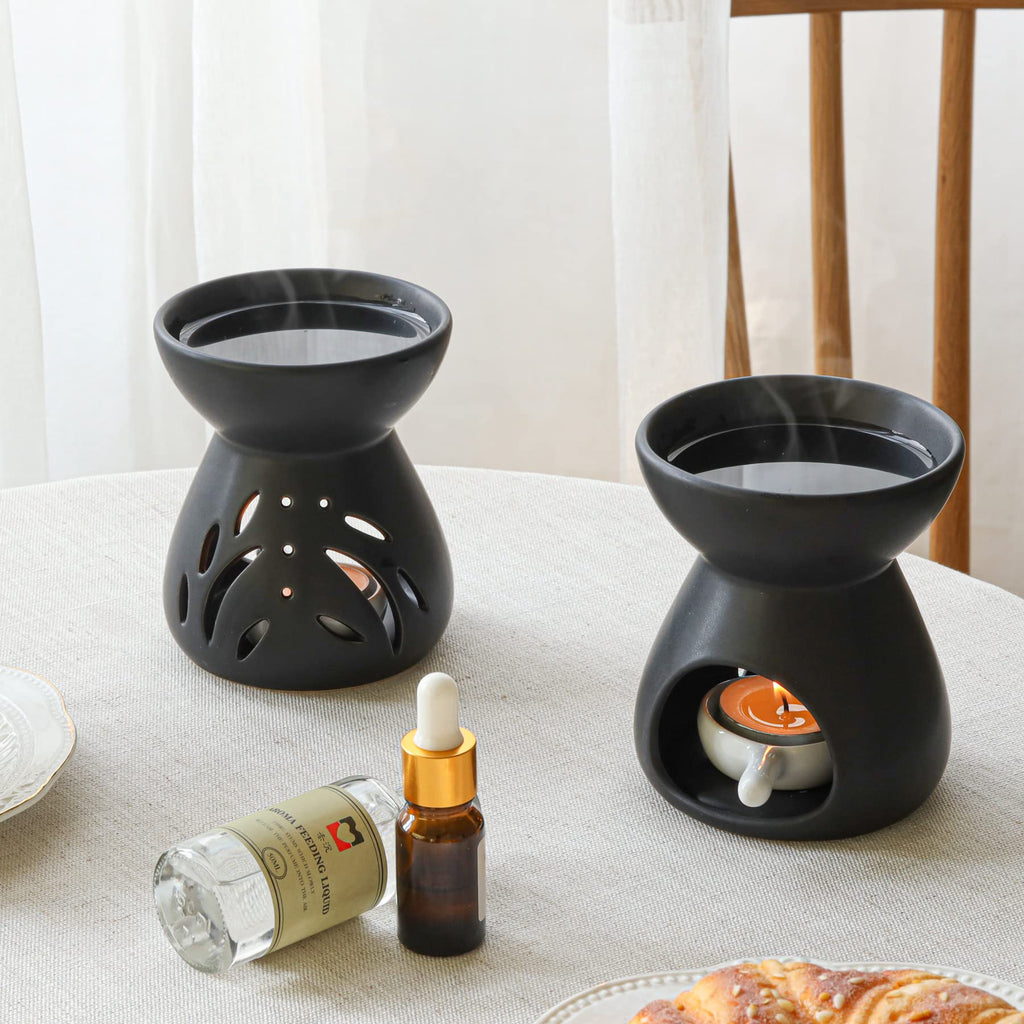 Oil Burner Wax Melt Warmer, Ceramic Candle Diffuser Black 2 Pack