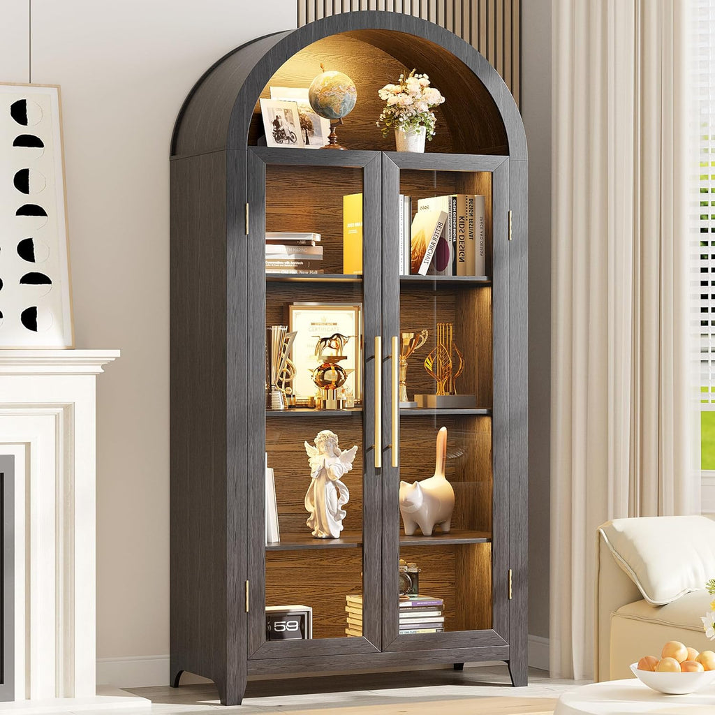 Arched Display Cabinet with Glass Doors and LED Light, 71" Tall | 5 Tier Curio China Cabinet, Adjustable Shelf