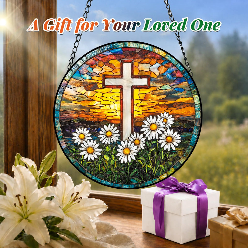 Cross Stained Glass Christian Window Hanging Religious Gift