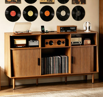Record Player Stand with Vinyl Storage, Mid Century Modern Vinyl Storage Cabinet with Power Outlet and Sliding Doors