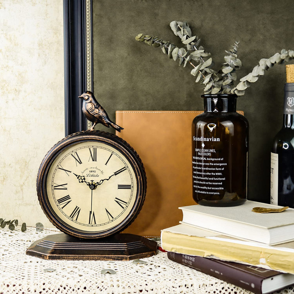 Desk Clock Kitchen Vintage Table Clock Mantel Desktop Farmhouse Tabletop Metal Clock Living Room Silent Decor Battery