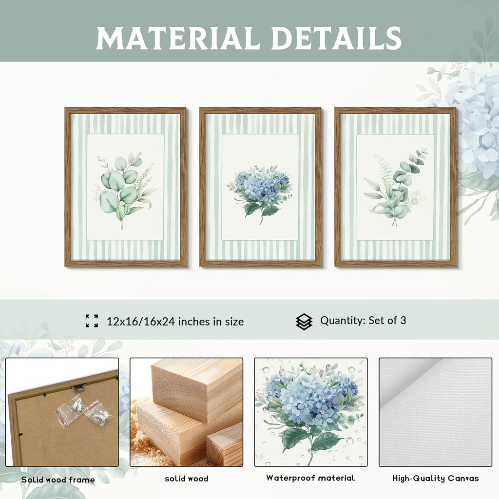 Framed Watercolor Flower Canvas Wall Art Set of 3, Eucalyptus Hydrangea and Green Plant Prints, Fresh Botanical