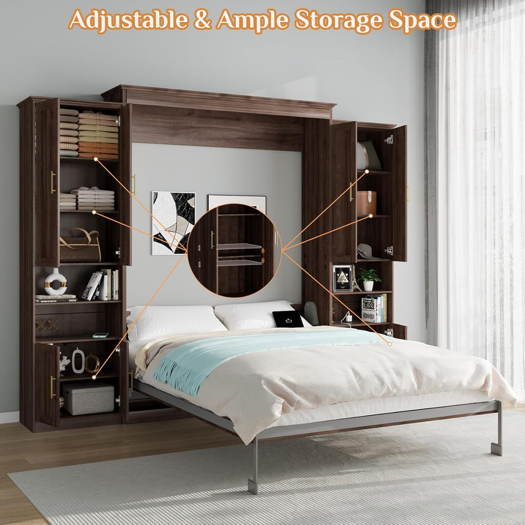 Murphy Bed Queen with 2 Side Cabinet Storage Shelves, Queen Wall Bed Cabinet with USB Port, Wood Foldable Platform