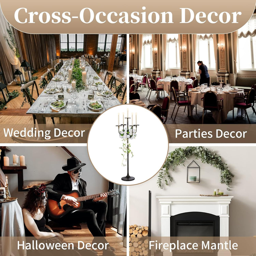 Black Floor Candelabra Centerpiece 5-arm 48inch Tall Candle Holders for Candlesitcks Taper Pillar Candles Metal