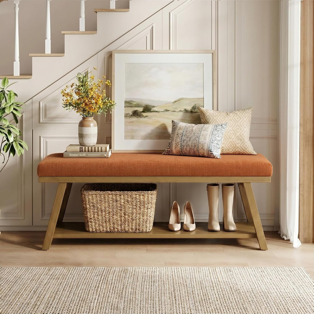 46" Entryway Bench Upholstered Storage Bench (Orange)