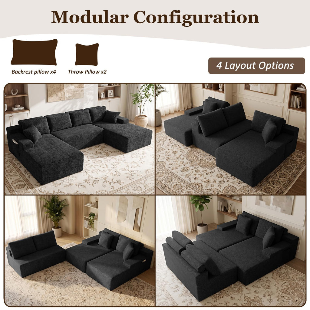 Boneless Couches - 134" Modular Sectional Sofa U Shaped with Side Pockets Oversized Deep Seat Velvet No Assembly