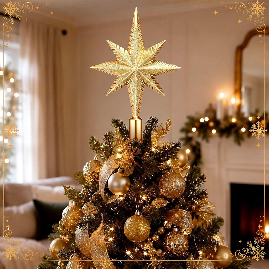Christmas Bethlehem Star Tree Topper 8 Inch Gold Glitter