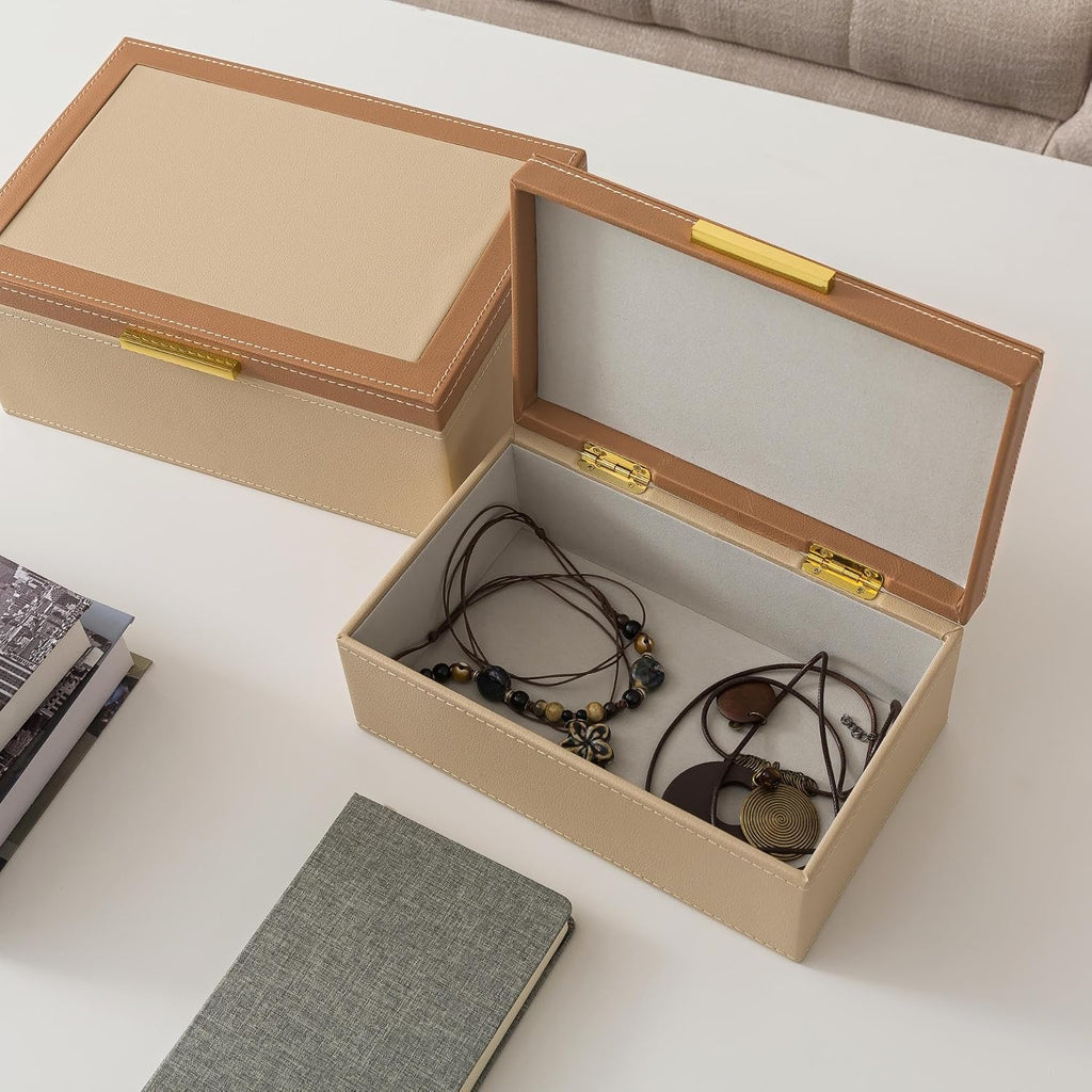 Two-Tone Faux Leather Boxes with Lids, Sand - Set of 2