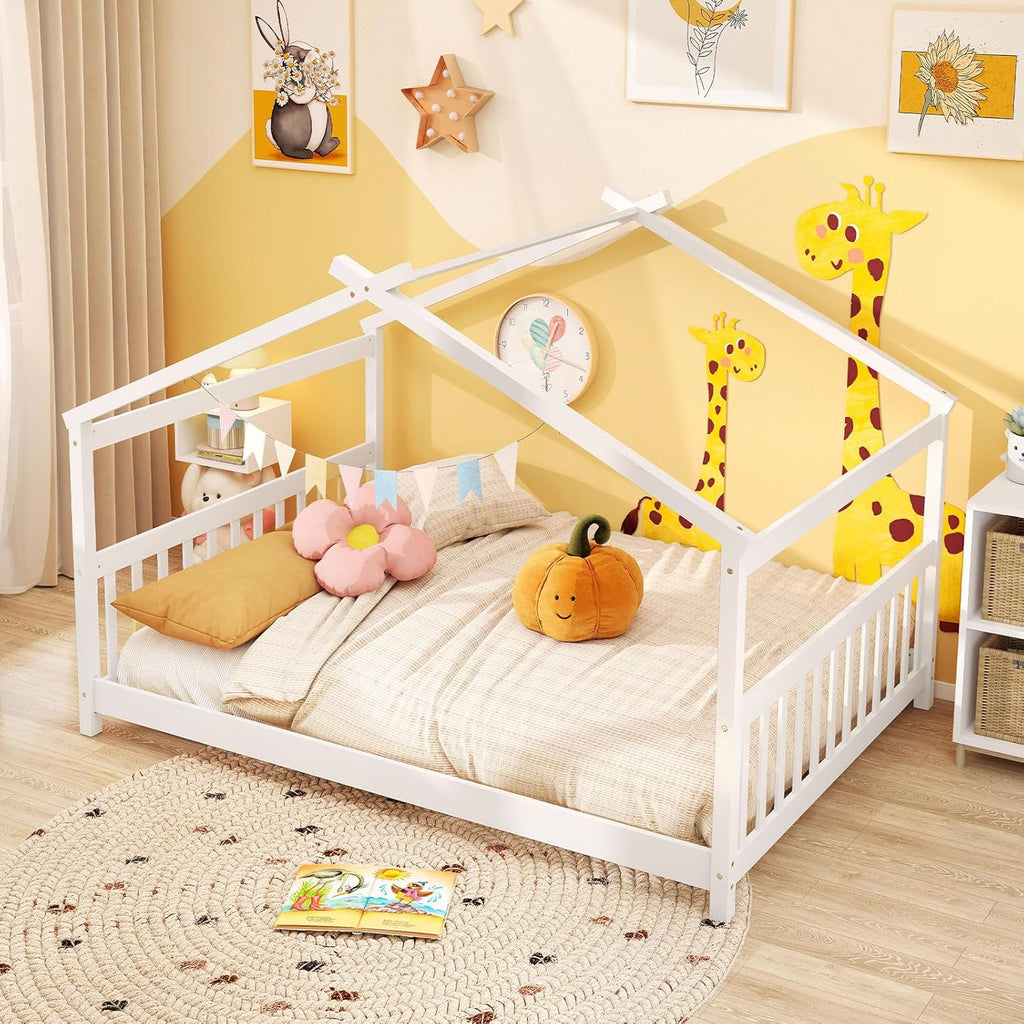 Full Size Floor Bed, Solid Wood Montessori House Bed with Roof, Headboard and Footboard, Low Full Bed Frame for Kids