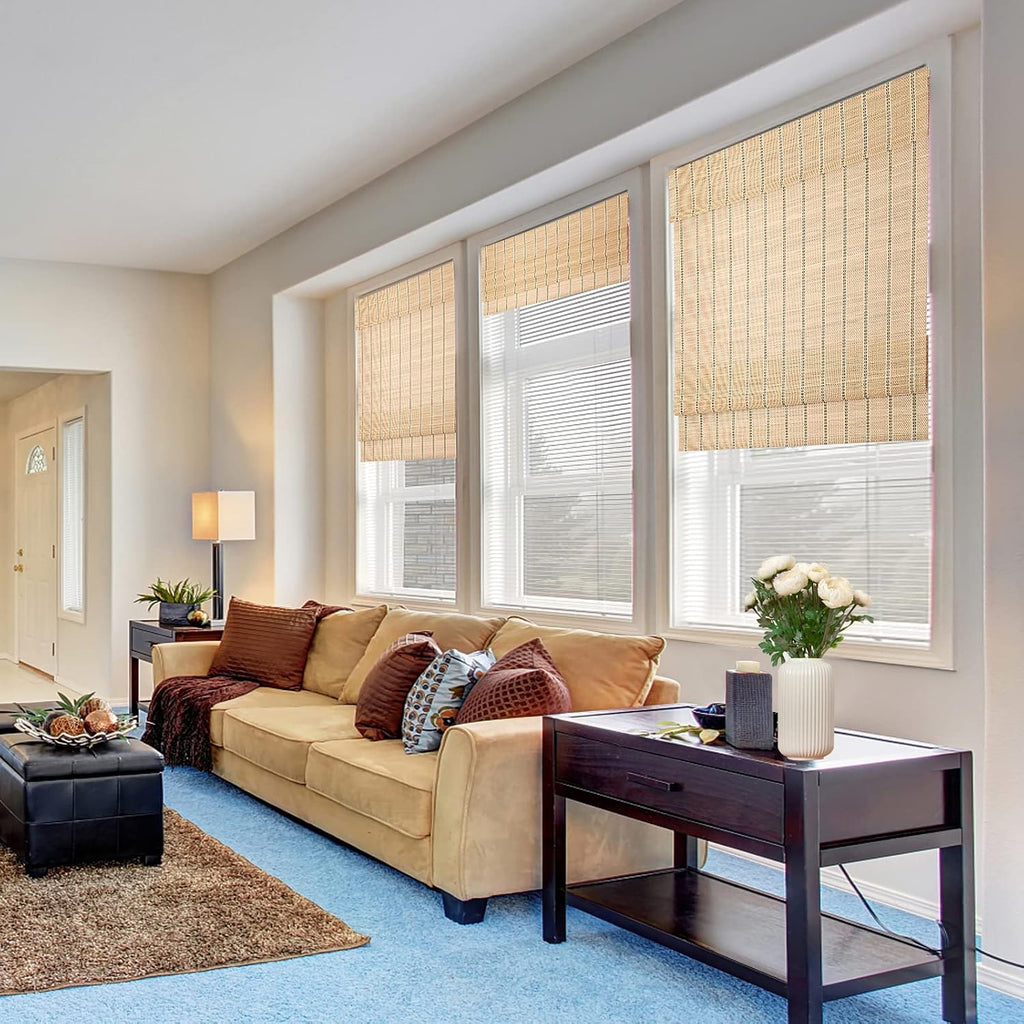 Cordless Bamboo Roman Shades, Natural Woven Blinds with 6 Inches High Valance, Custom Room Darkening Privacy Lined