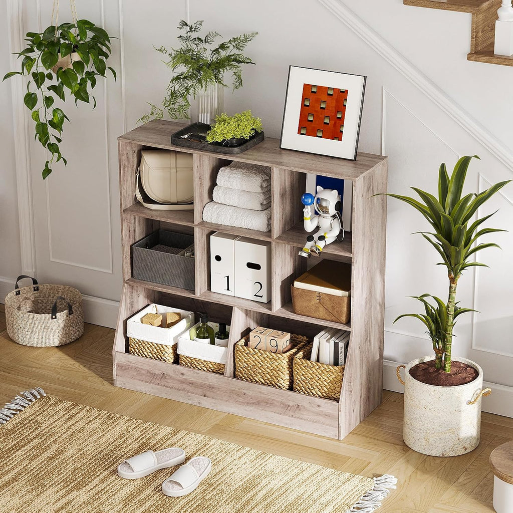 Toy Storage Organizer, Kids Cubby Cabinet with Bookshelf, 8-Cube | 3-Tier Wood Toy Book Shelf, Anti-Tip Structure