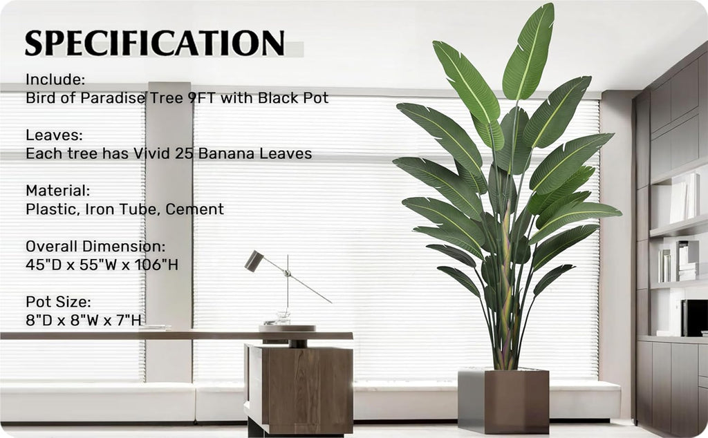 Artificial Bird of Paradise Tree 9FT 25 Thick Matte Texture Leaves Realistic Tall Large Faux Tropical Traveler's Palm