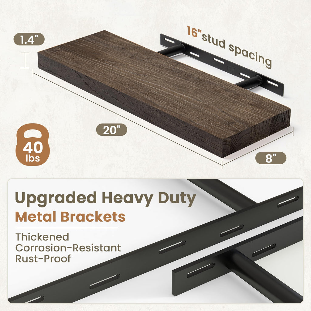 Solid Elm Wood Floating Shelves for Wall, 20 x 8 Inch Modern Rustic Wall Shelves Set of 2 with Invisible Brackets