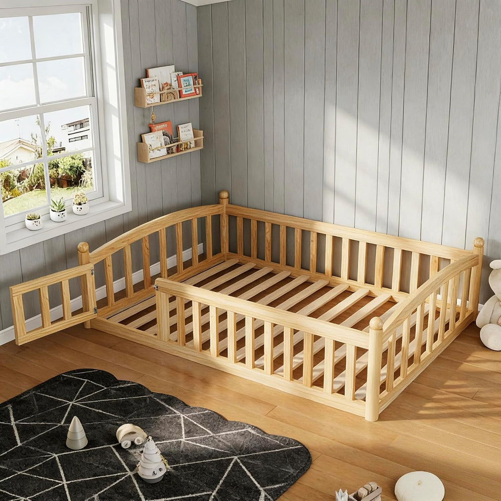 Twin Size Montessori Floor Bed with Door and Safety Guardrail, Solid Wood Low Profile Bed Frame with Slats, Easy