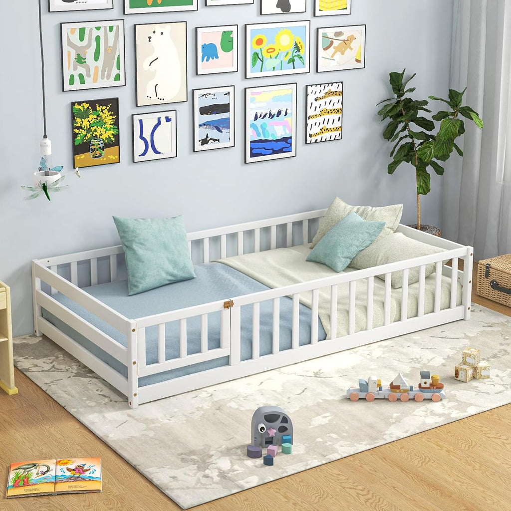 Twin Floor Bed for Kids, Wood Montessori Bed with Safety Guardrails, Floor Bed Frame for Kids, Boys, Girls, No Box