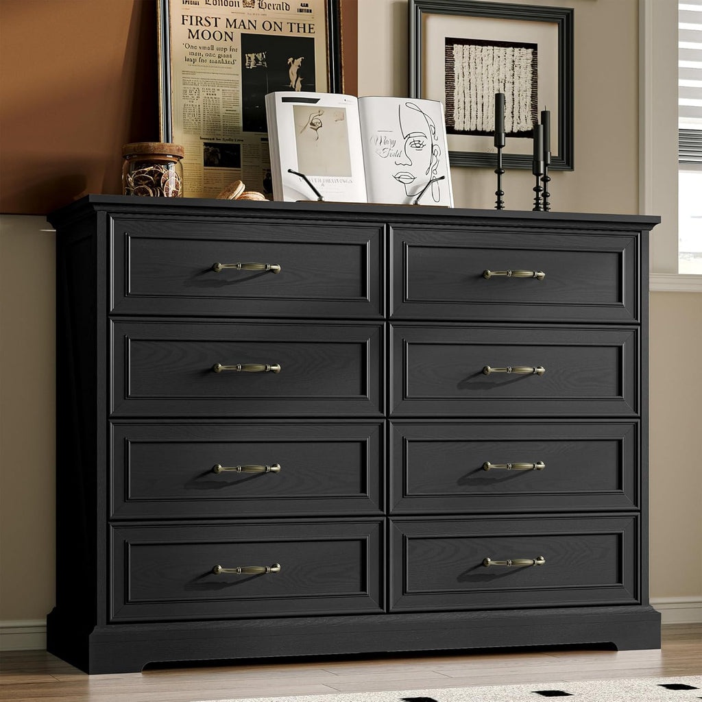 Farmhouse 8 Drawers Dresser , 48" Wide Modern Chest of Drawers with Deep Drawers & Bar Handles, Wood Dresser TV