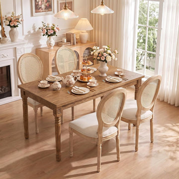 Rattan Back Upholstered Dining Chairs Set of 4 French Country Oval Kitchen Side Chairs with Wood Legs for Dining Room