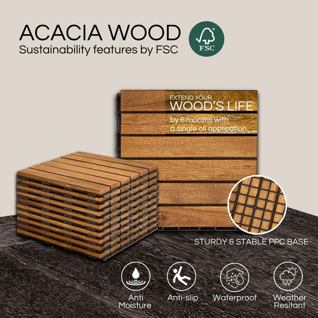 Premium Deck Tiles, Patio Flooring - Set 10 Pcs 12”x12”x0.9” Interlocking Deck Tiles, Waterproof Acacia Wood for