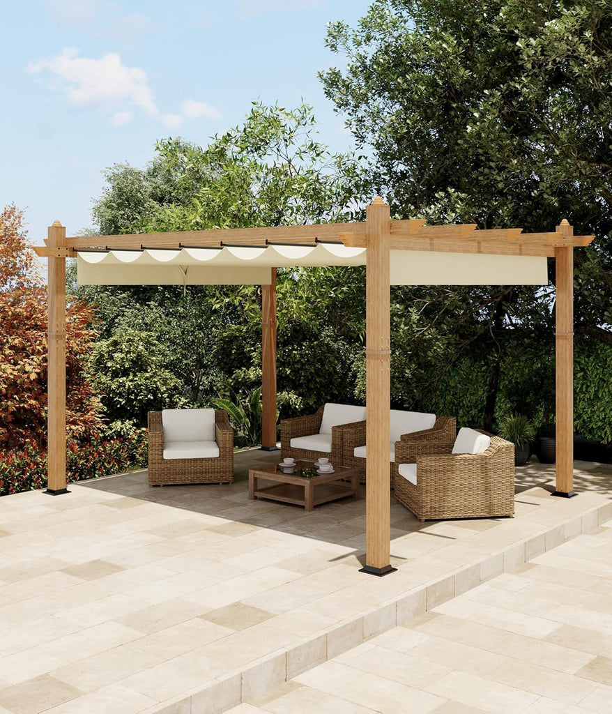Patio Pergola, Outdoor Patio Gazebo with Retractable Sun Shade, Metal Pergola Shelter for Backyard Deck Garden (Wood-Grain, 10 x 13 FT)