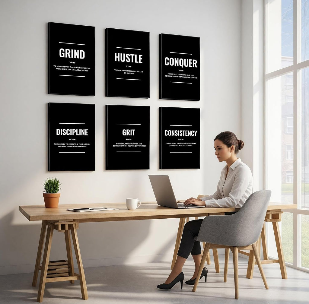 Black and White Motivational Canvas Wall Art Set of 6 - Framed Gallery-Wrapped Prints for Men, Office, Bedroom &