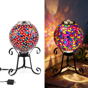 Mosaic Glass Fountain, Floor-Standing Lighted Water Feature with Quiet Pump, Decorative Accent Lighting Garden