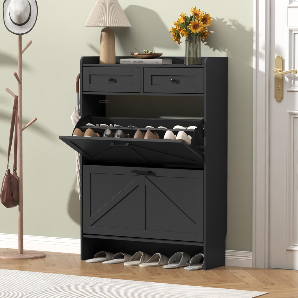 Black Shoe Cabinet with 2 Flip Drawers & 2 Storage Drawers, Rustic Farmhouse Narrow Shoe Organizer Cabinet, Slim Shoe