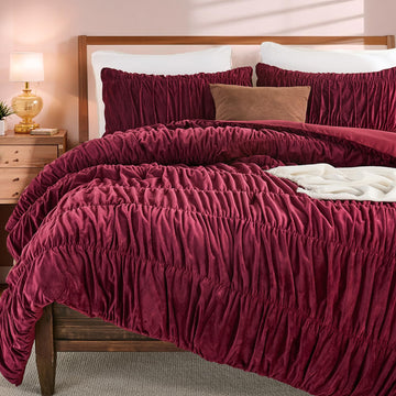 Burgundy Velvet Comforter Set, Boho Ruched Bedding Comforter, Aesthetic Vintage Bedding Fluffy Ruffle Comforter