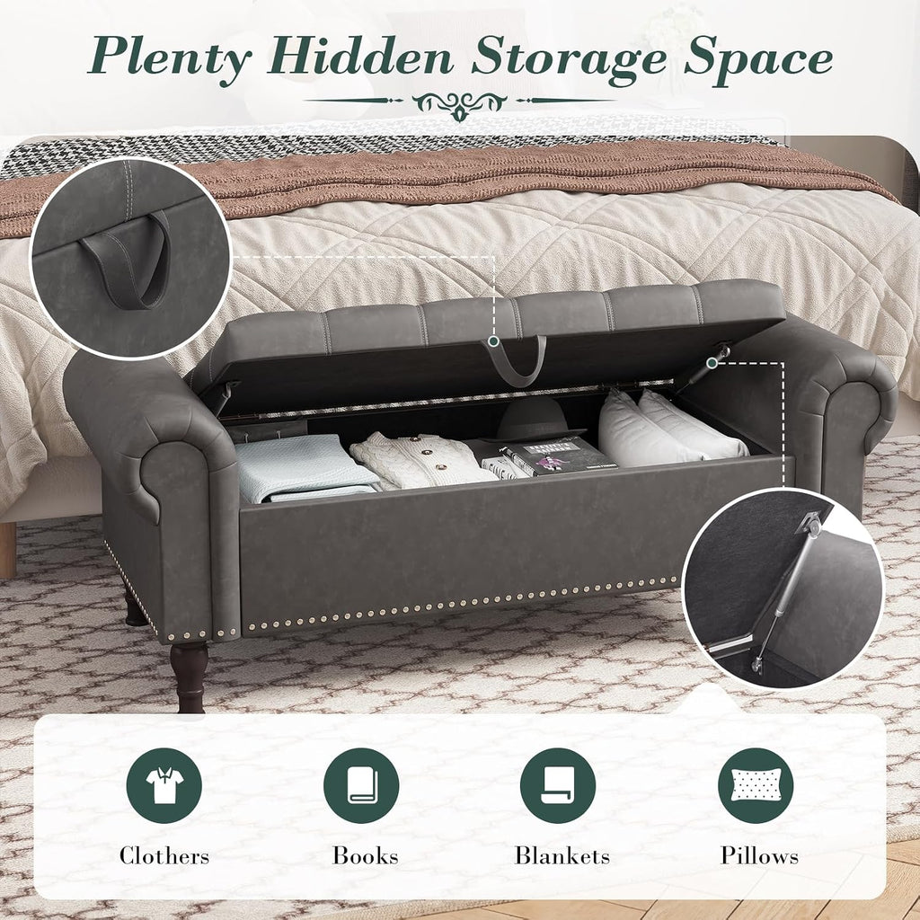 51" Bench with Storage, Upholstered Tufted Button Bedroom Bench with Storage, Faux Leather End of Bed Bench with