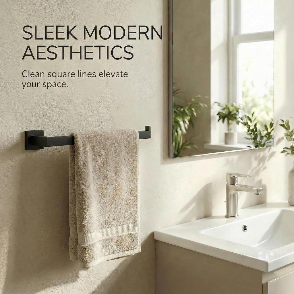 Matte Black Bathroom Hardware Set 5-Piece, Modern Square SUS304 Stainless Steel Bath Accessory Kit with 23.6" Towel