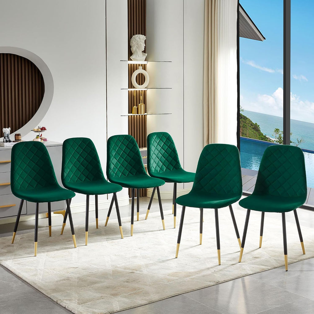 Green Velvet Dining Chairs Set of 6, Modern Kitchen & Dining Room Side Chairs with Black and Gold Metal Legs for Home