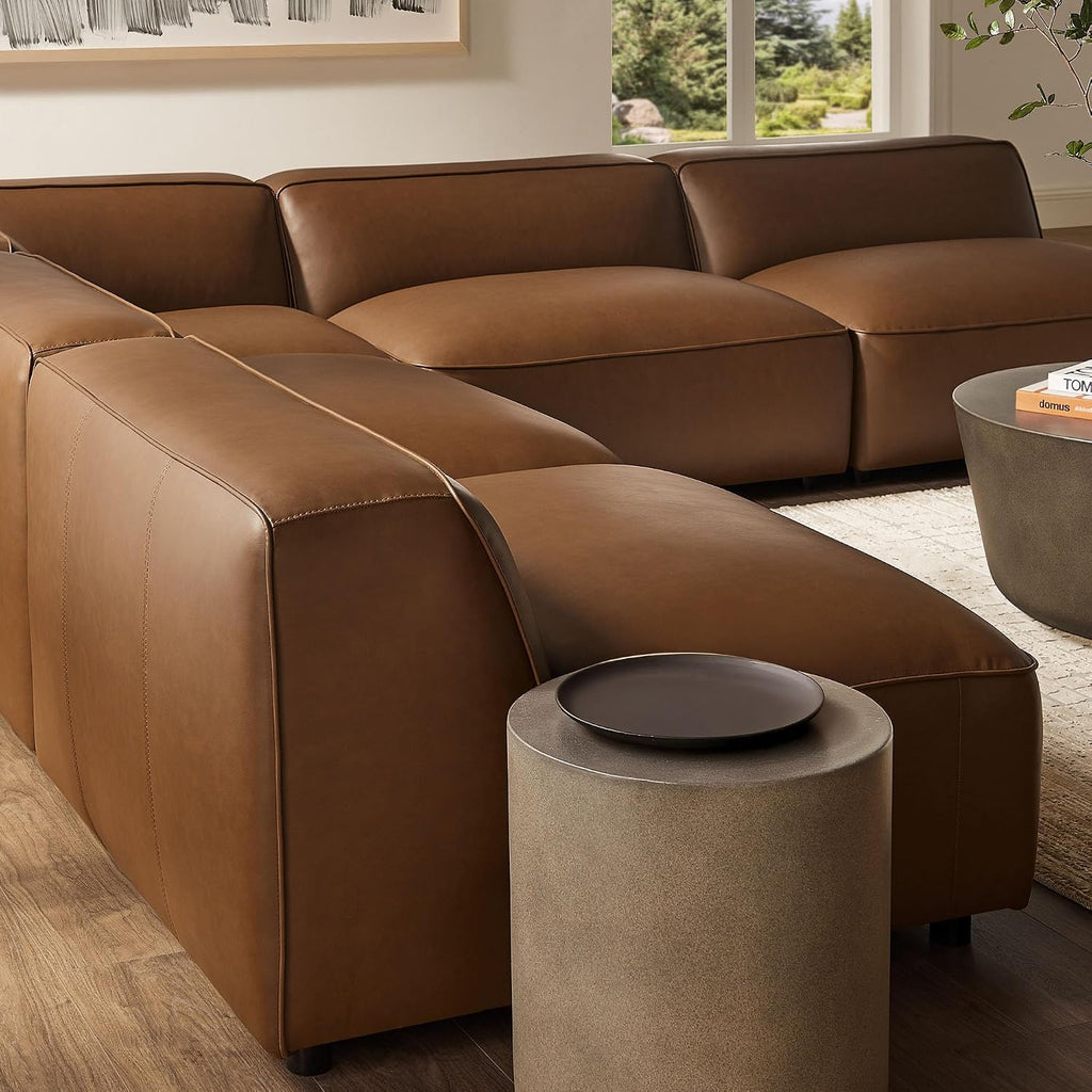 Auren Vegan Leather 5 Piece Armless Modular Sofa in Coffee - Faux Leather L Shaped Sectional - Comfy Modern PU