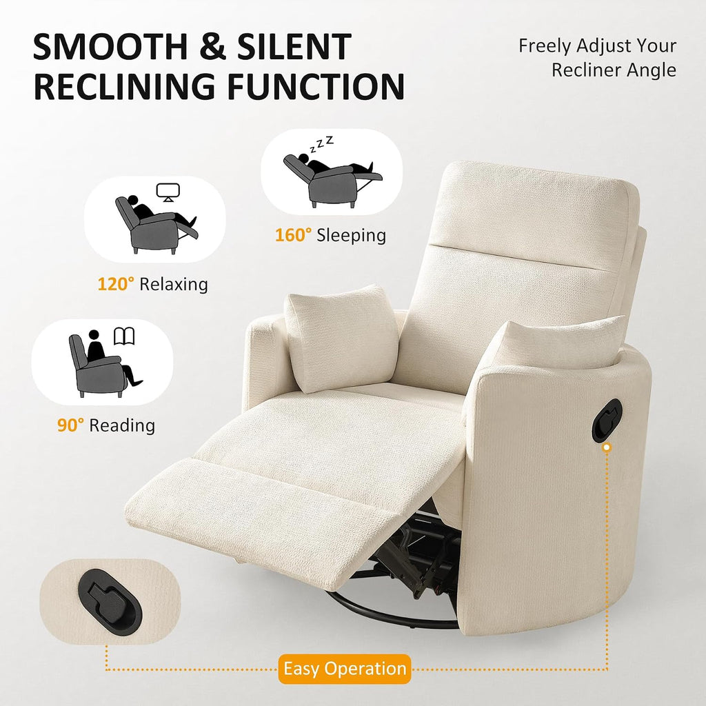 Oversized Nursery Rocking Chair, 360° Swivel Glider Recliner Chair, Chenille Silent Nursery Chair with 2 Pillows and