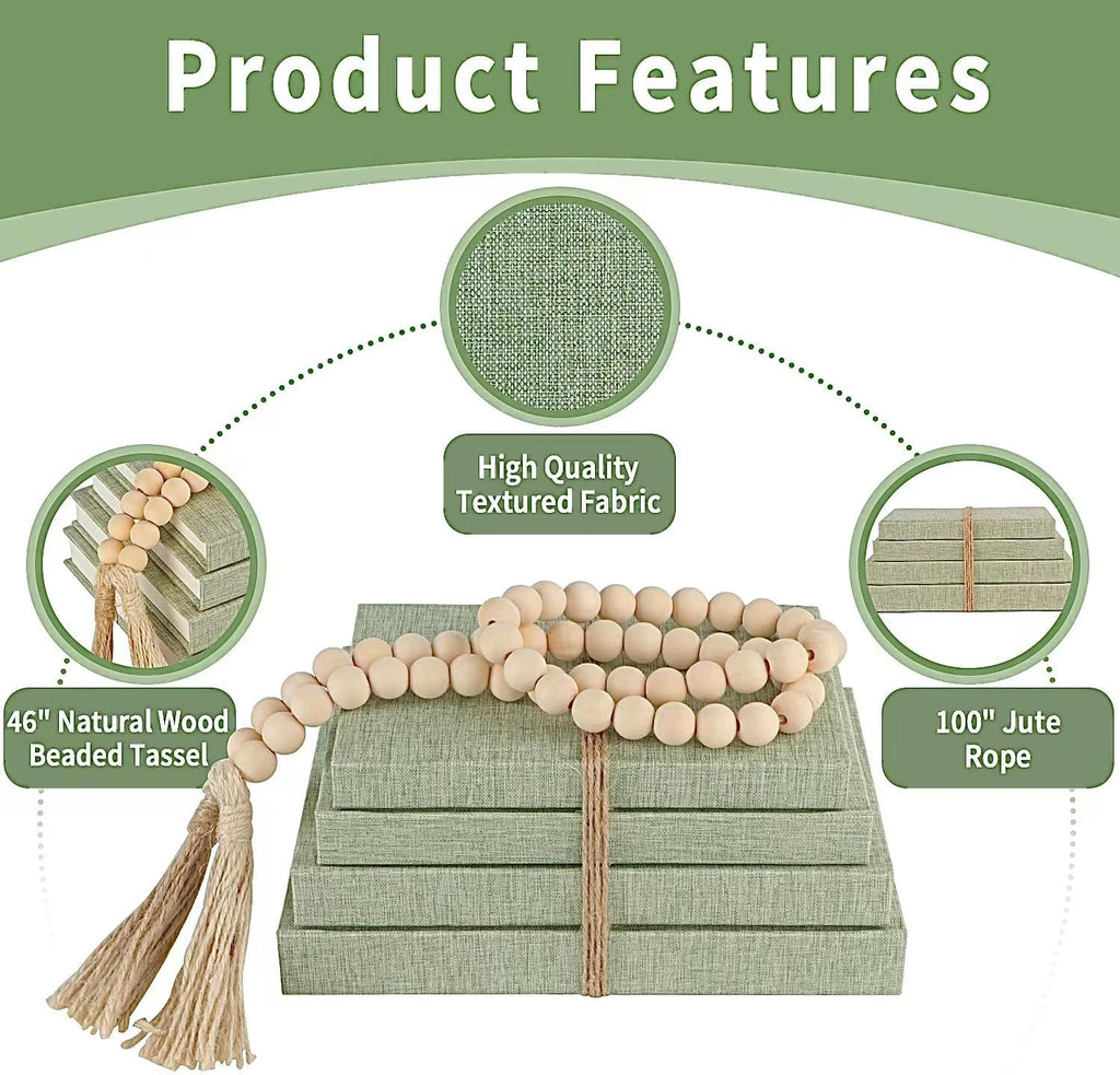 Linen Decorative Books with Wood Beaded Tassel, 4-Piece Sage Set | Coffee Table Books, Neutral Linen Decor, Rustic