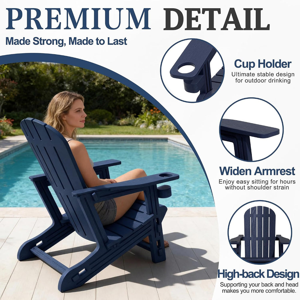 Adirondack Chairs Set of 2 with Removable Tabletop, Outdoor HDPE Plastic Fire Pit Chair Set with Wooden Textured, Cup