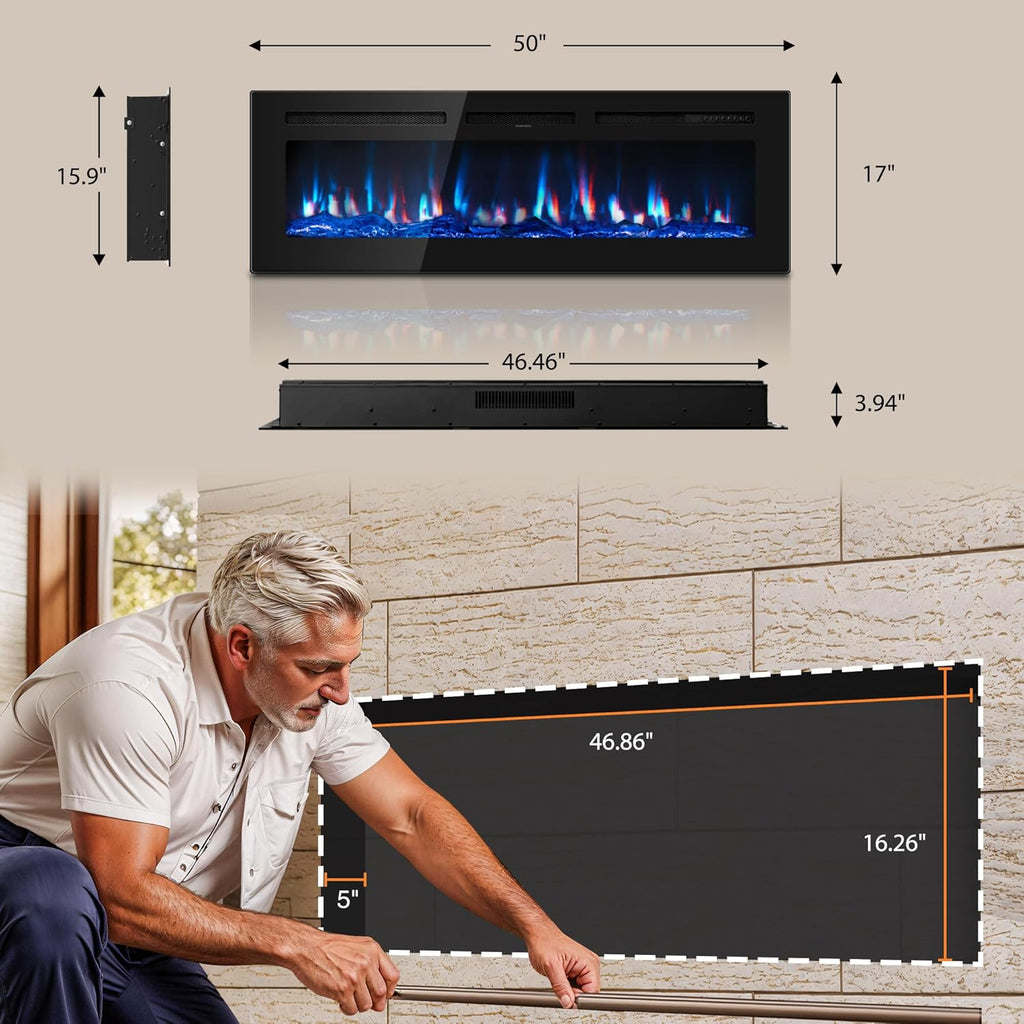 50 inch Electric Fireplace in-Wall Recessed and Wall Mounted with Remote Control, 1500/750W Fireplace Heater (60-99¡F Thermostat) with 12 Adjustable Color, Timer, Log and Crystal