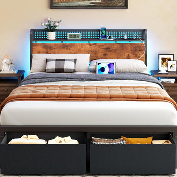 Queen Bed Frame with Headboard Storage, Platform Bed Frame Queen with 2 Drawers, Charging Station and LED Lights