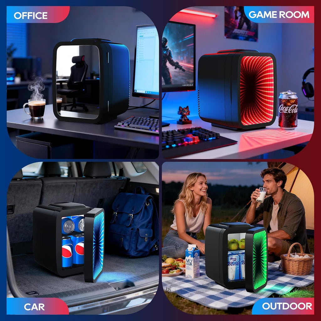 Mini Fridge, 4L/6 Can Small fridge with Dimmable Gaming Light for Bedroom,Office,Gaming room and Car,AC/DC Portable