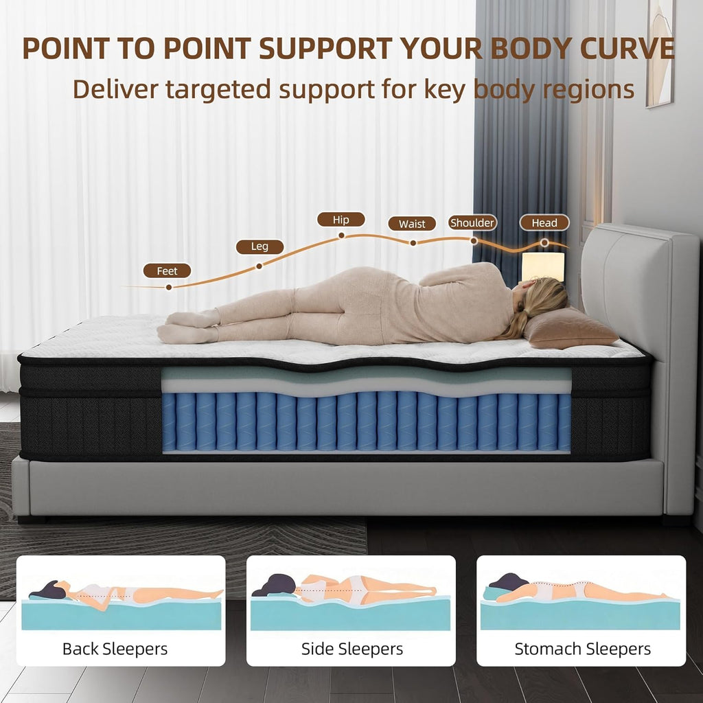 12 Inch Queen Size Hybrid Mattress in a Box, Medium Firm Gel Memory Foam and Pocket Spring Mattress for Back Pain