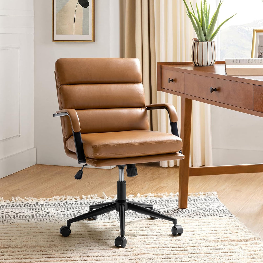 Modern Faux Leather Home with Tilt Lock & Metal Base, Desk Chair with Wheels & Padded Cushion, 360° Swivel Wide Seat