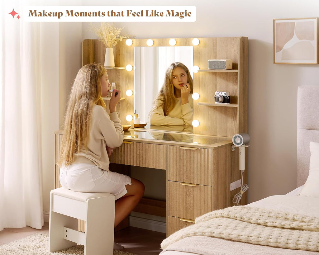 47.2" Fluted Vanity Desk with Mirror and Lights, Natural Oak | Large 7 Drawers Wood Makeup Vanity Table with Glass