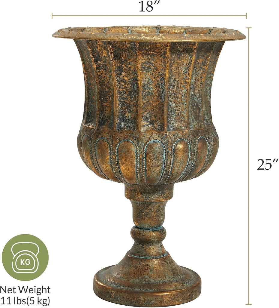 24.5" H. Metal Urn Planters 1-Pack - Bronze Classic Antique Iron Plant Pots - Large Decorative Rustic Flower Pots for