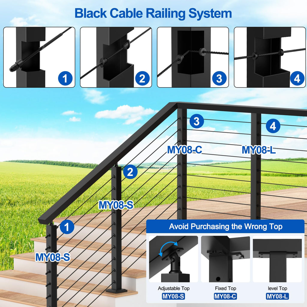 36" Black Cable Railing Post(35"x2"x2") for 25-35 Degrees Stair, Stainless Steel Adjustable Stair Post