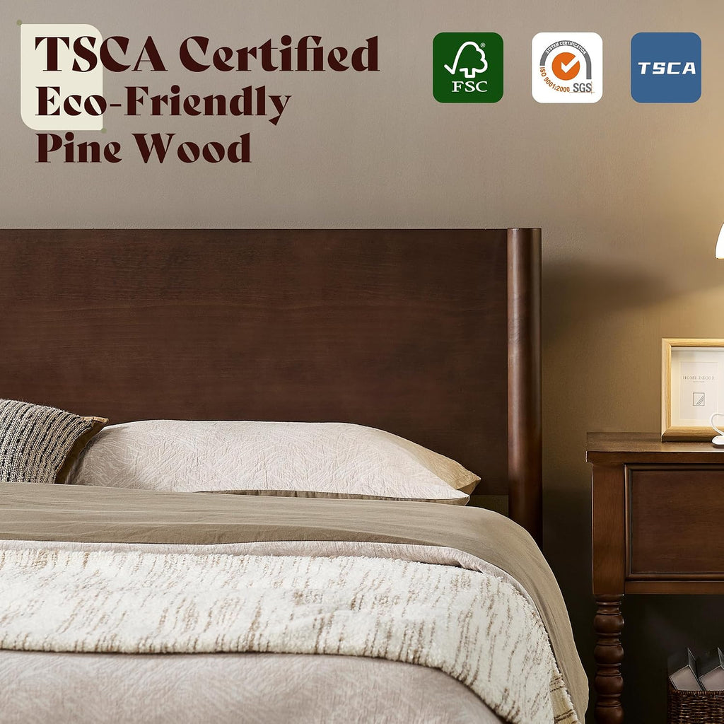 Solid Wood Queen Bed Frame, Mid Century Modern Platform Bed with Full Panel Headboard, Wooden Bed with Cylindrical